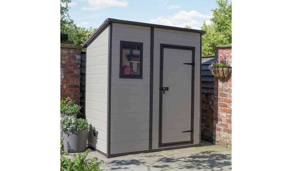 Keter Manor Pent 6x4ft Outdoor Garden Storage Shed with Window and Padlockable Door - Brown